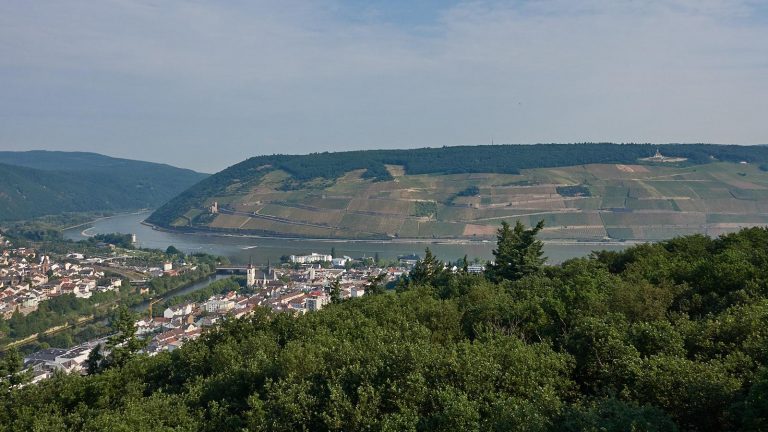 Kaiser-Friedrich-Turm: Blick auf Bingen, Nahe, Rhein, Mäuseturm, Burg Ehrenfels und Germania