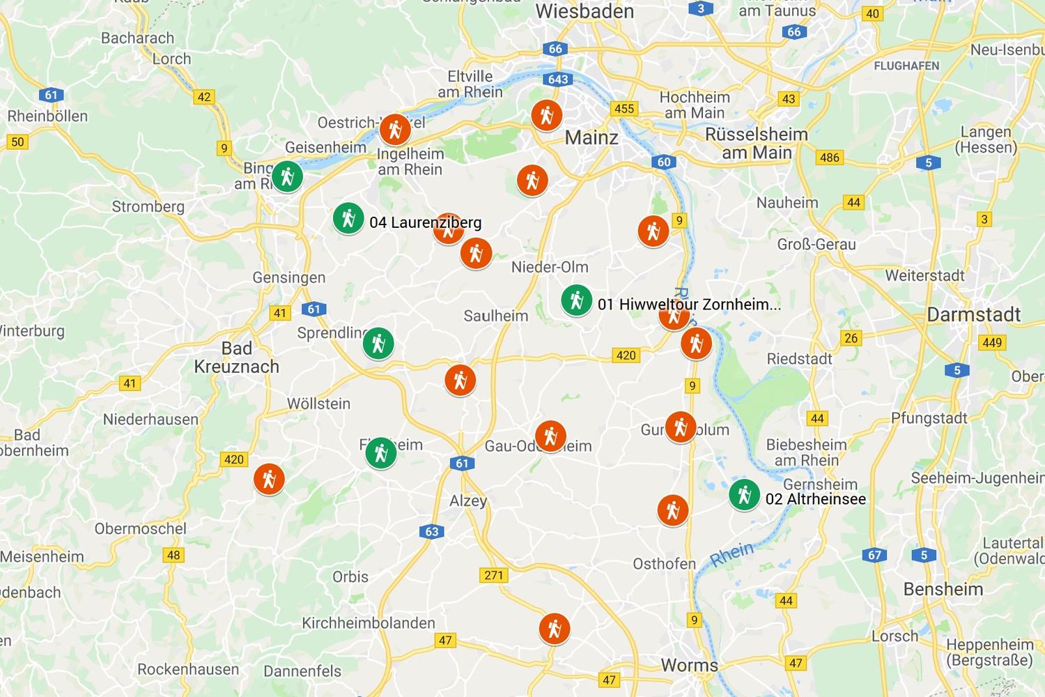 Rheinhessen. Wanderungen für die Seele. Planung, Stand März 2019 (Screenshot Google MyMaps)