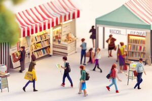Symbolbild: Eine kleine Büchermesse mit Messeständen und flanierenden Gästen mit Büchern in den Händen (erzeugt mit Bing Image Creator).