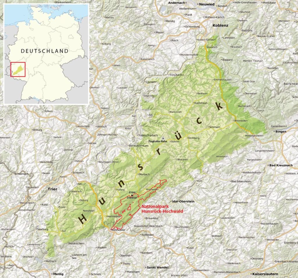 Karte Hunsrück mit Nationalpark - Von Maximilian Dörrbecker (Chumwa) - Eigenes Werk, usingthis map by NordNordWestthis map for the borders of the Nationalpark Hunsrück-HochwaldOpenStreetMap data, CC BY-SA 2.0