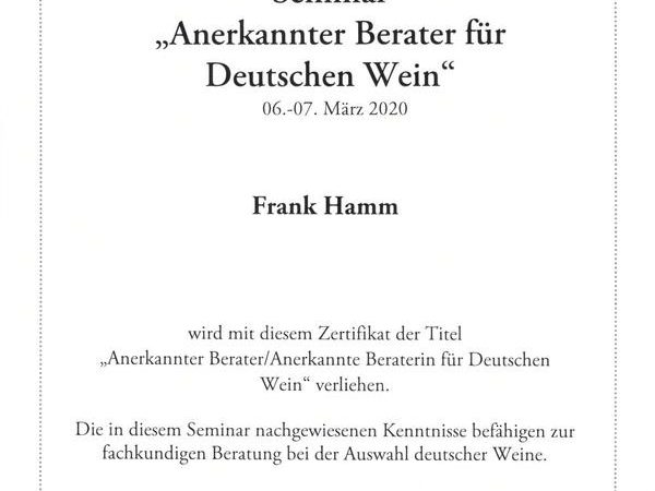 Anerkannter Berater für Deutschen Wein (Deutsches Weininstitut)