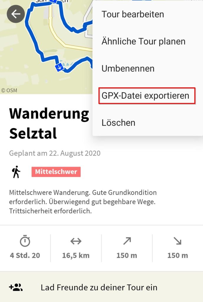 Beispiel: GPX-Datei für Wanderung aus Komoot (App) downloaden