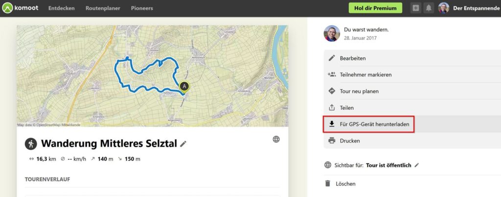 Beispiel: GPX-Datei für Wanderung aus Komoot downloaden