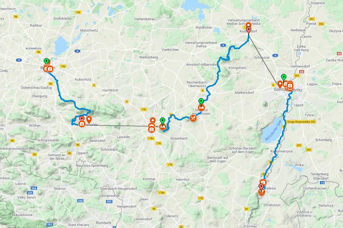 Pilgerwandern Via Sacra von Bautzen nach Görlitz mit Rad-Abstecher zum Kloster St. Marienthal (Screenshot Google My Maps)