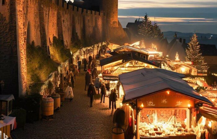 Symbolbild: Ein Weihnachtsmarkt am Abend an einer Burgmauer mit Ständen und mit einer Kerzenbeleuchtung (erzeugt mit Bing Image Creator)