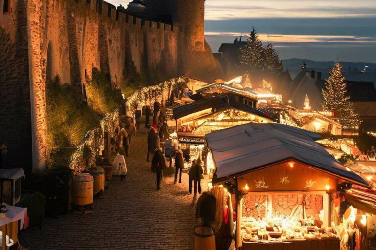 Symbolbild: Ein Weihnachtsmarkt am Abend an einer Burgmauer mit Ständen und mit einer Kerzenbeleuchtung (erzeugt mit Bing Image Creator)