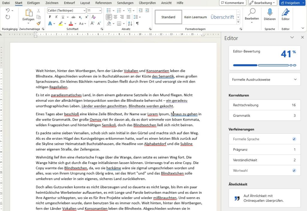 Microsoft Editor: Beispiel mit Blindtext