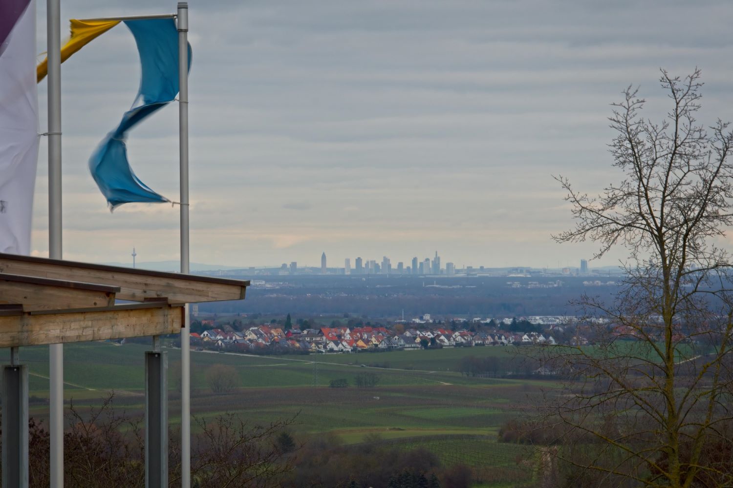 Weinpavillon Zornheim - Blick über Harxheim bis zur Skyline von Frankfurt am Main