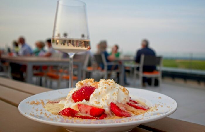 Grießflammeri mit frischen Erdbeeren und Vanillesauce sowie Viognier halbtrocken im Weingut Gottwald