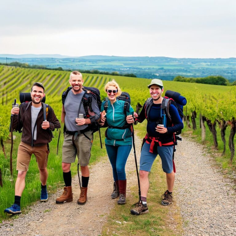Fünf ambitionierte Wander-Dilettanten wandern in den Weinbergen von Rheinhessen (erzeugt mit Bing Image Creator)