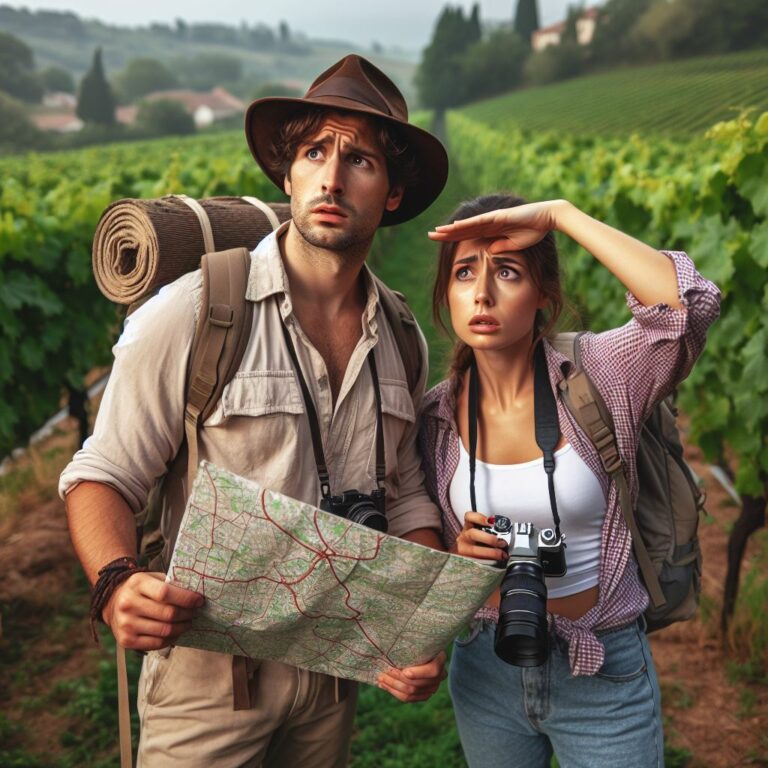 Ein Wanderer und eine Wanderin mit einer Karte stehen in einem Weinberg und blicken sich suchend, ratlos und verzweifelt um. Er hat einen Indiana-Jones-Hut auf, sie hält eine Kamera. Beide blicken schweifend in die Ferne. Erzeugt mit DALL-E.