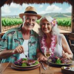 Ein Mann und seine Partnerin sitzen in einer Straußwirtschaft und freuen sich über das vor ihnen stehende Essen. Im Hintergrund sind Weinberge zu sehen. Der kaukasiche Mann ist etwa 63 Jahre alt und trägt ein Aloha-Shirt und einen Panamahut. Die Frau ist etwa 63 Jahre alt und trägt ein Aloha-Kleid sowie eine Plumeriablüte im Haar. Erzeugt mit KI.