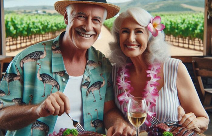 Ein Mann und seine Partnerin sitzen in einer Straußwirtschaft und freuen sich über das vor ihnen stehende Essen. Im Hintergrund sind Weinberge zu sehen. Der kaukasiche Mann ist etwa 63 Jahre alt und trägt ein Aloha-Shirt und einen Panamahut. Die Frau ist etwa 63 Jahre alt und trägt ein Aloha-Kleid sowie eine Plumeriablüte im Haar. Erzeugt mit KI.