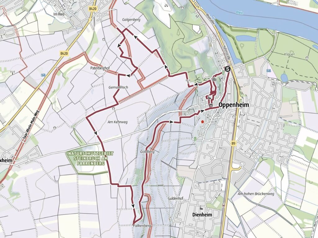 Rheinterrassen-Wanderung Oppenheim mit Start und Ende am Bahnhof Oppenheim (Screenshot Outdooractive)