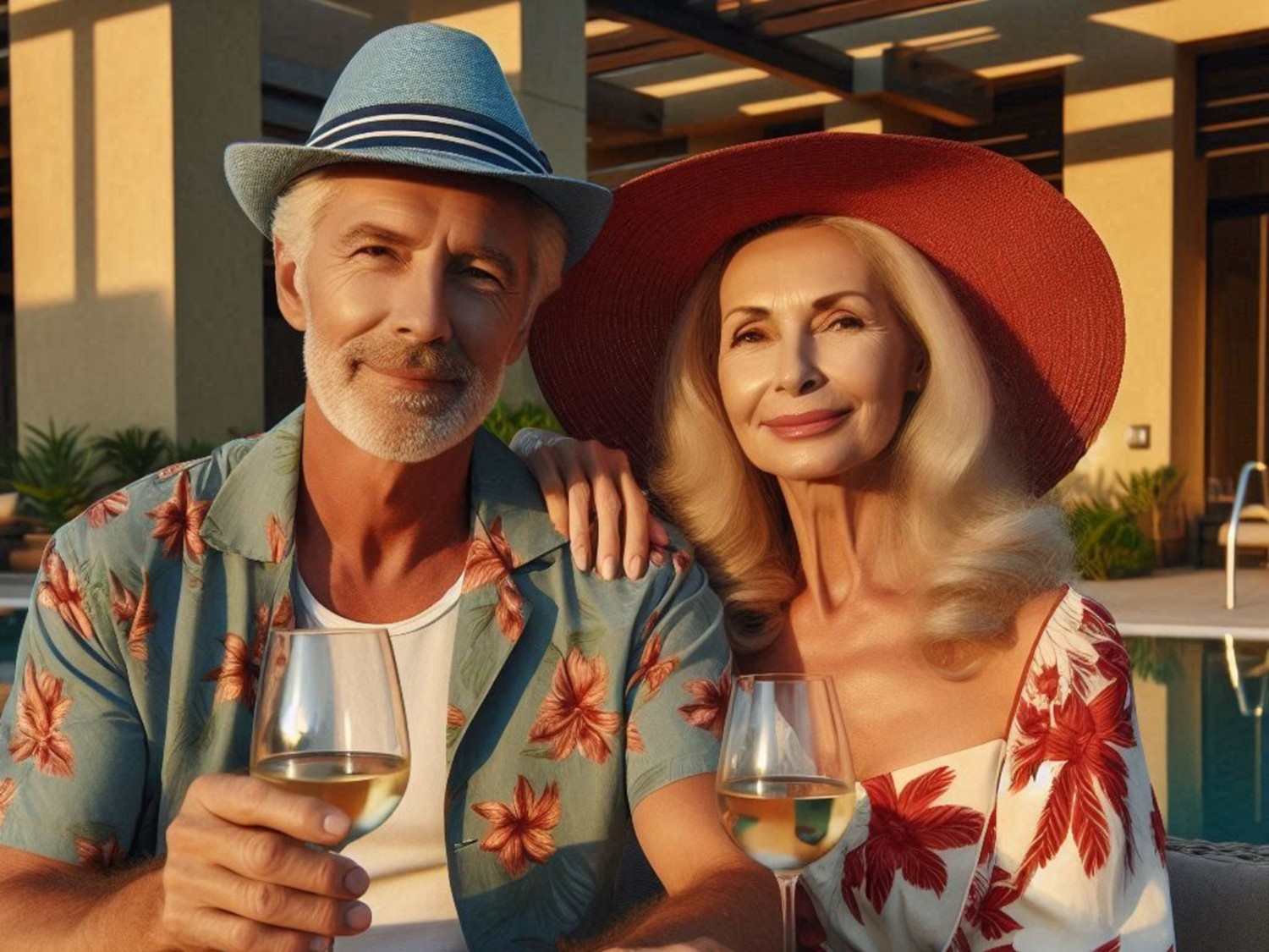 Ein sommerlich gekleidetes Paar mit Aloha-Shirt und Sommerkleid sitzt nebeneinander. Beide haben ein Weinglas in der Hand. Er hat einen blauen Trilby, sie einen roten Sommerhut auf. Erzeugt mit KI.